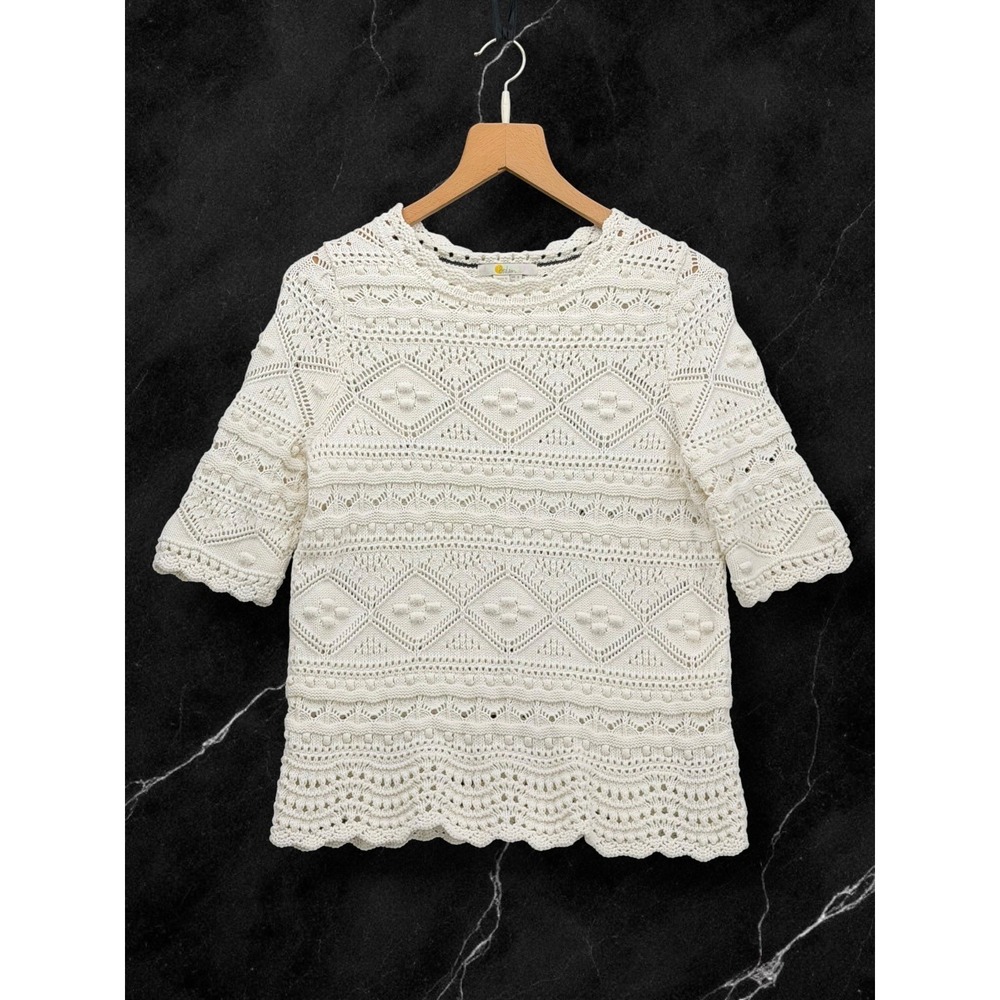 Boden Pointelle Crochet Geometric Knit Short Sleeve Top Ivory US 4